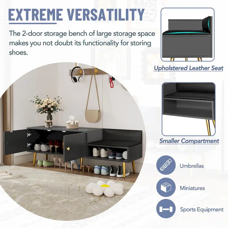 Banc de rangement pour chaussures moderne avec rangement dissimulé et coussins rembourrés pour chambre à coucher, salon et entrée