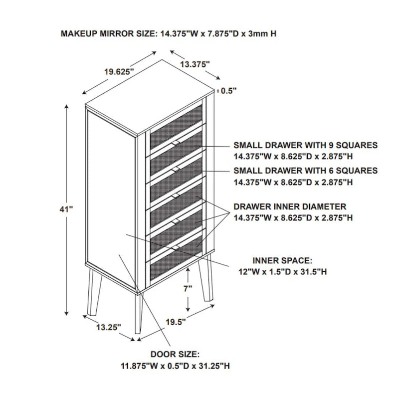 Armoire à bijoux avec tiroirs de rangement et panneaux latéraux