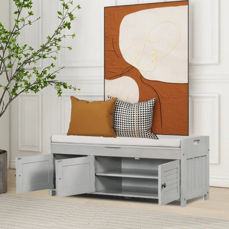 Banc de rangement pour chaussures en bois avec coussin d'entrée