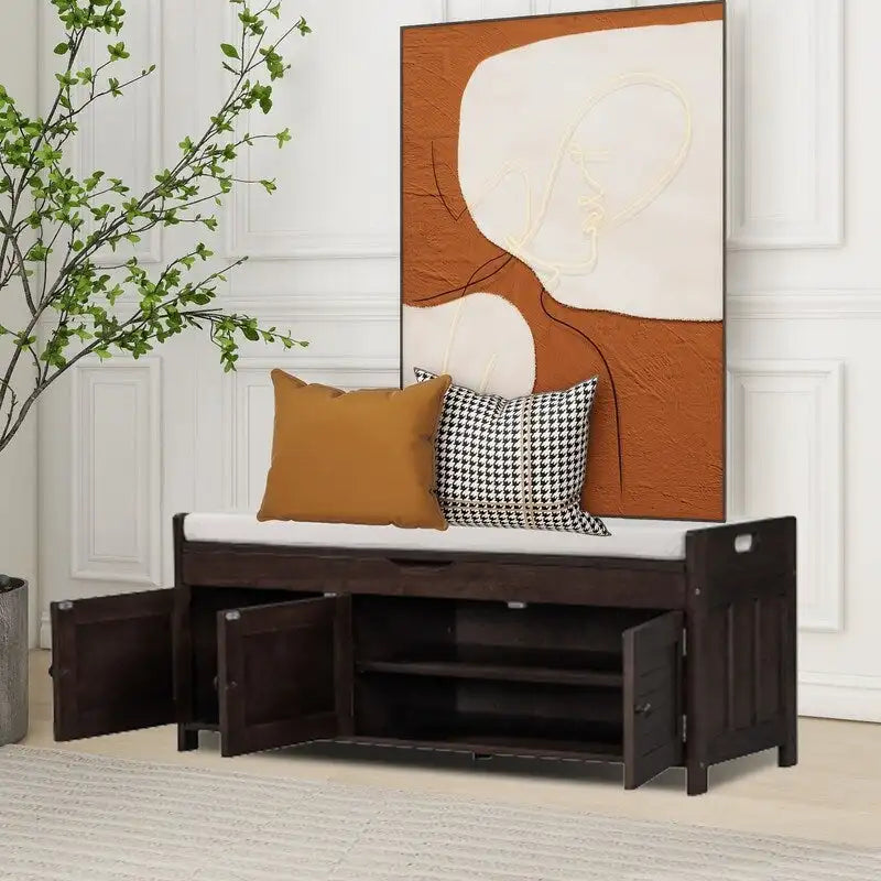 Banc de rangement pour chaussures en bois avec coussin d'entrée