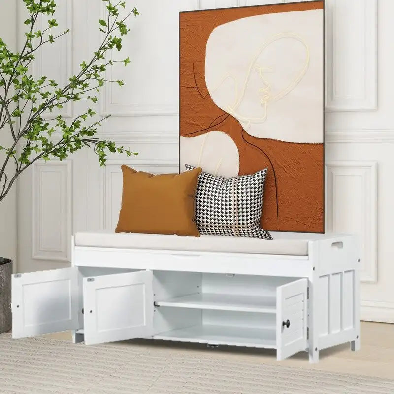 Banc de rangement pour chaussures en bois avec coussin d'entrée