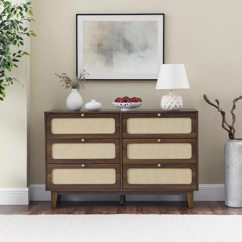 Commode antique en bois à six tiroirs pour chambre, meuble TV ou rangement de salon