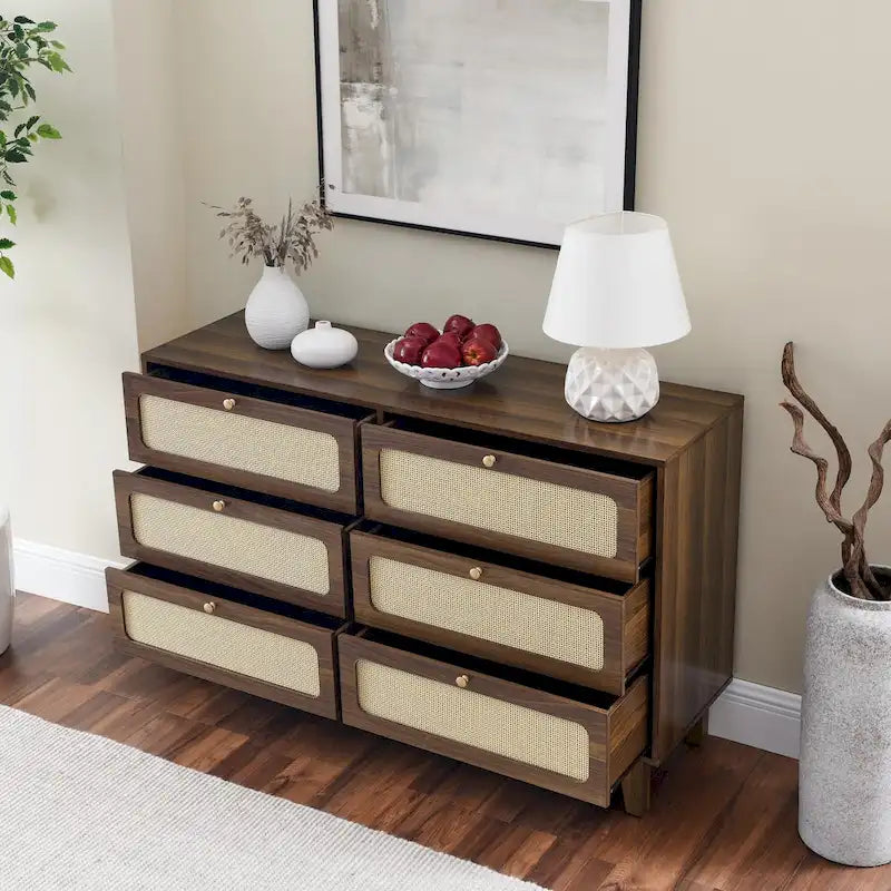 Commode antique en bois à six tiroirs pour chambre, meuble TV ou rangement de salon