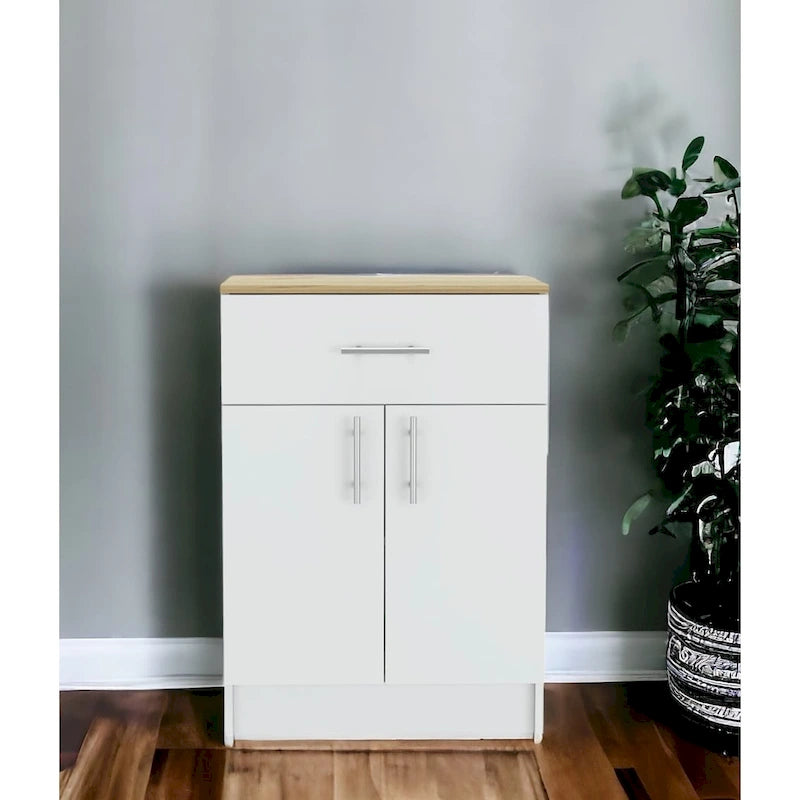 Meuble de rangement en chêne clair et blanc
