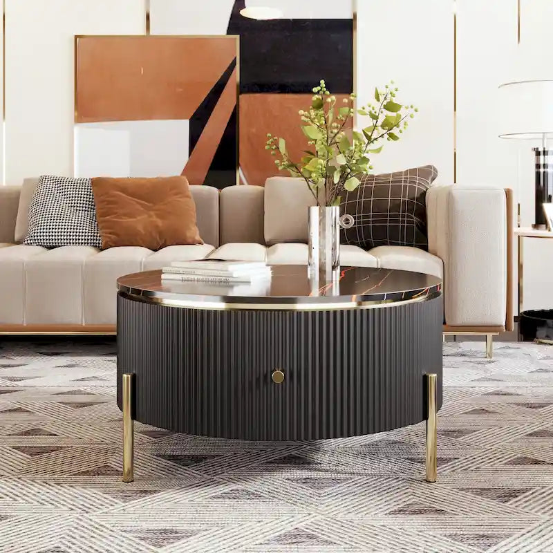 Table basse ronde moderne avec 2 grands tiroirs de rangement