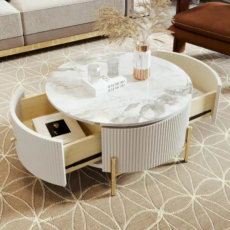 Table basse ronde moderne avec 2 grands tiroirs de rangement