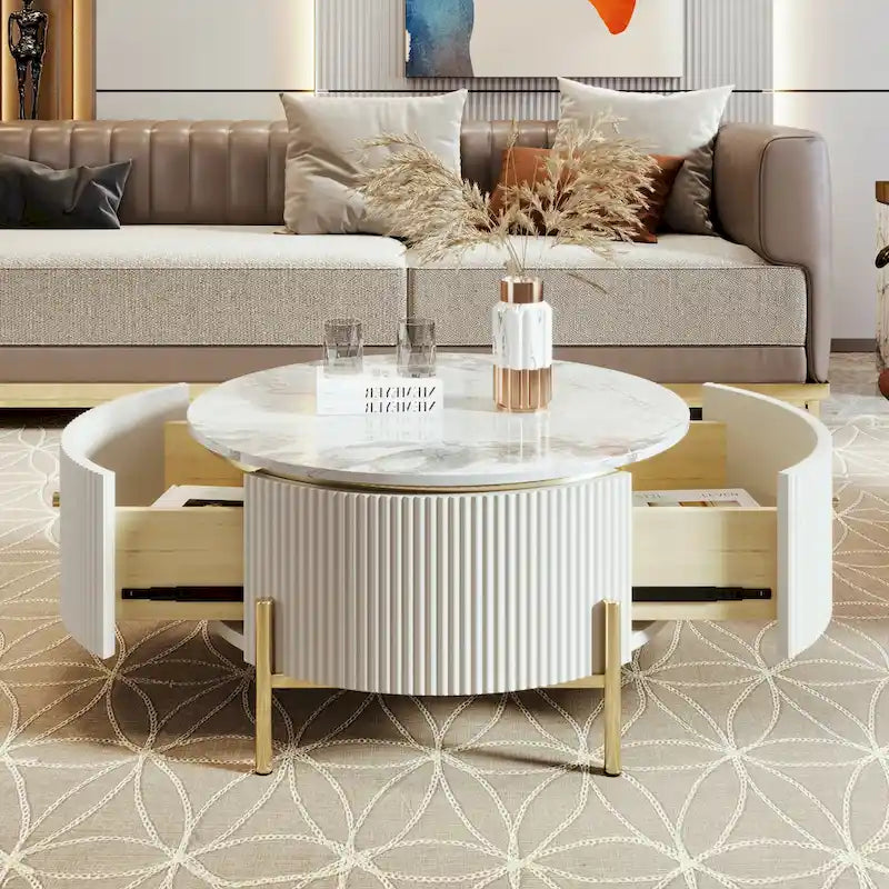 Table basse ronde moderne avec 2 grands tiroirs de rangement