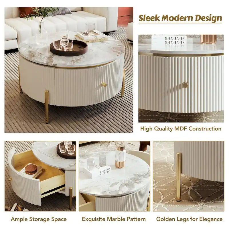 Table basse ronde moderne avec 2 grands tiroirs de rangement