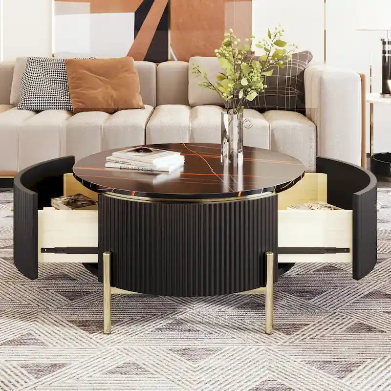 Table basse ronde moderne avec 2 grands tiroirs de rangement
