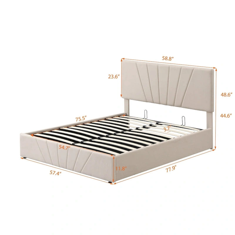 Lit plateforme rembourré avec système de rangement hydraulique