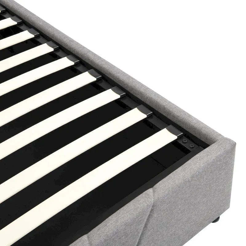Lit plateforme rembourré avec système de rangement hydraulique