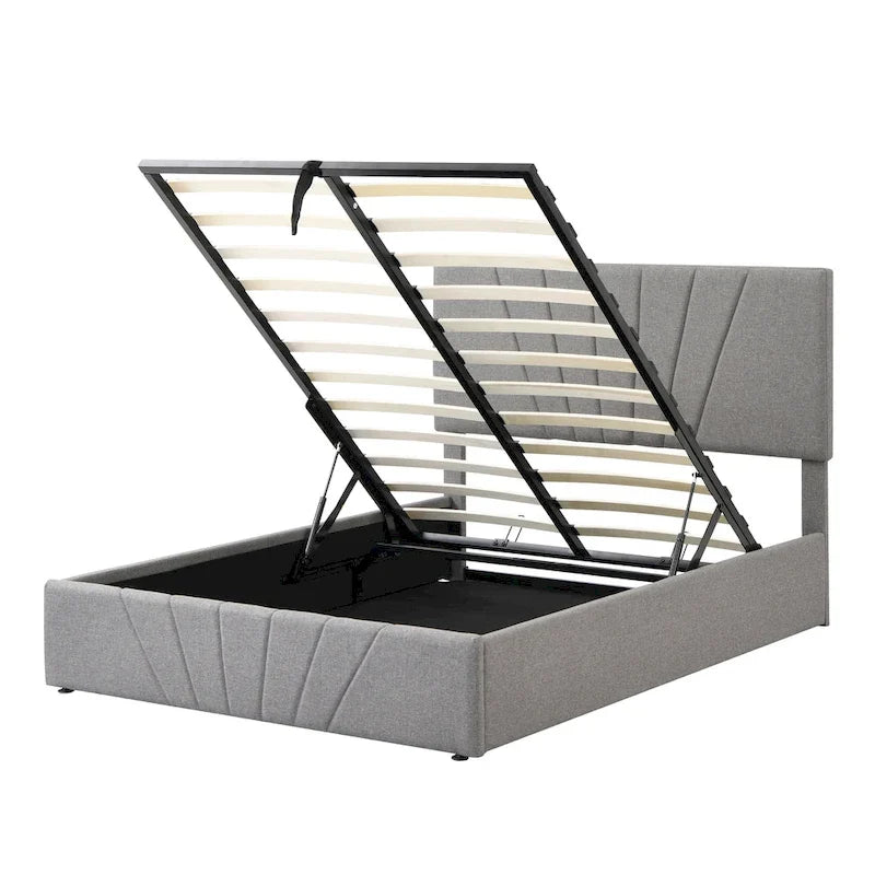 Lit plateforme rembourré avec système de rangement hydraulique