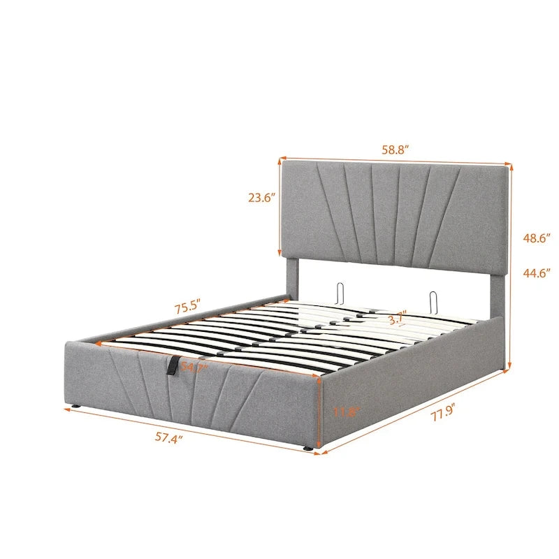 Lit plateforme rembourré avec système de rangement hydraulique