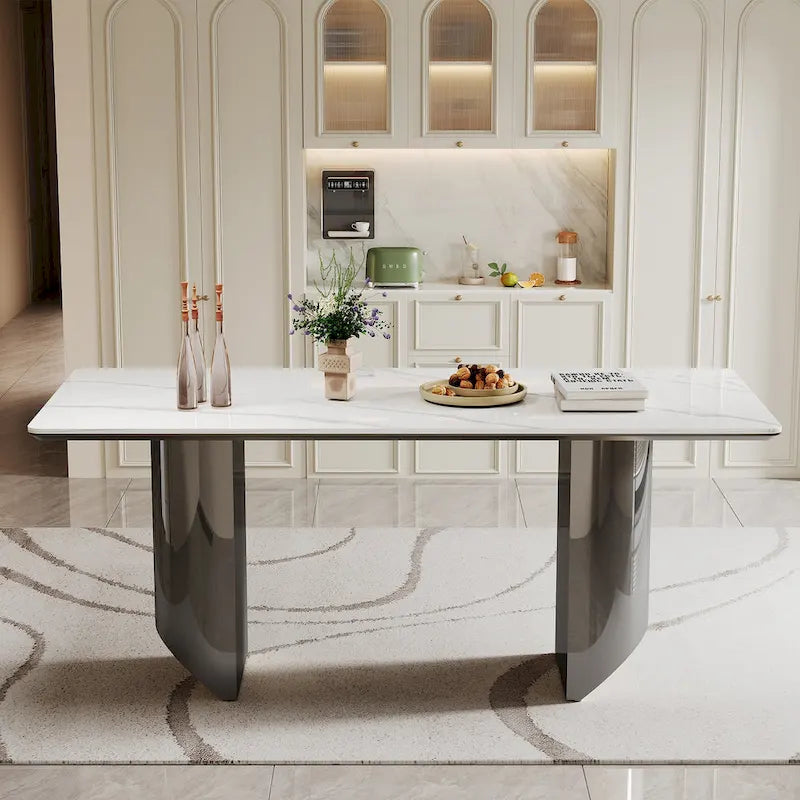 Table à manger en verre trempé et pierre frittée épaisse avec piètement en acier inoxydable