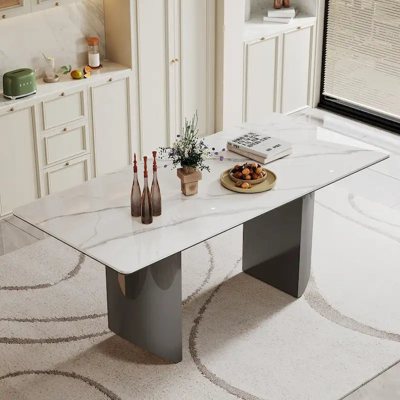 Table à manger en verre trempé et pierre frittée épaisse avec piètement en acier inoxydable