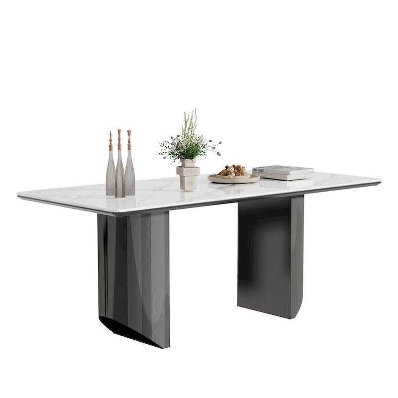 Table à manger en verre trempé et pierre frittée épaisse avec piètement en acier inoxydable
