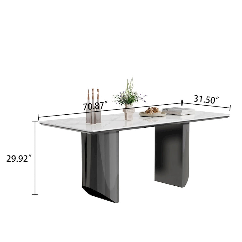 Table à manger en verre trempé et pierre frittée épaisse avec piètement en acier inoxydable