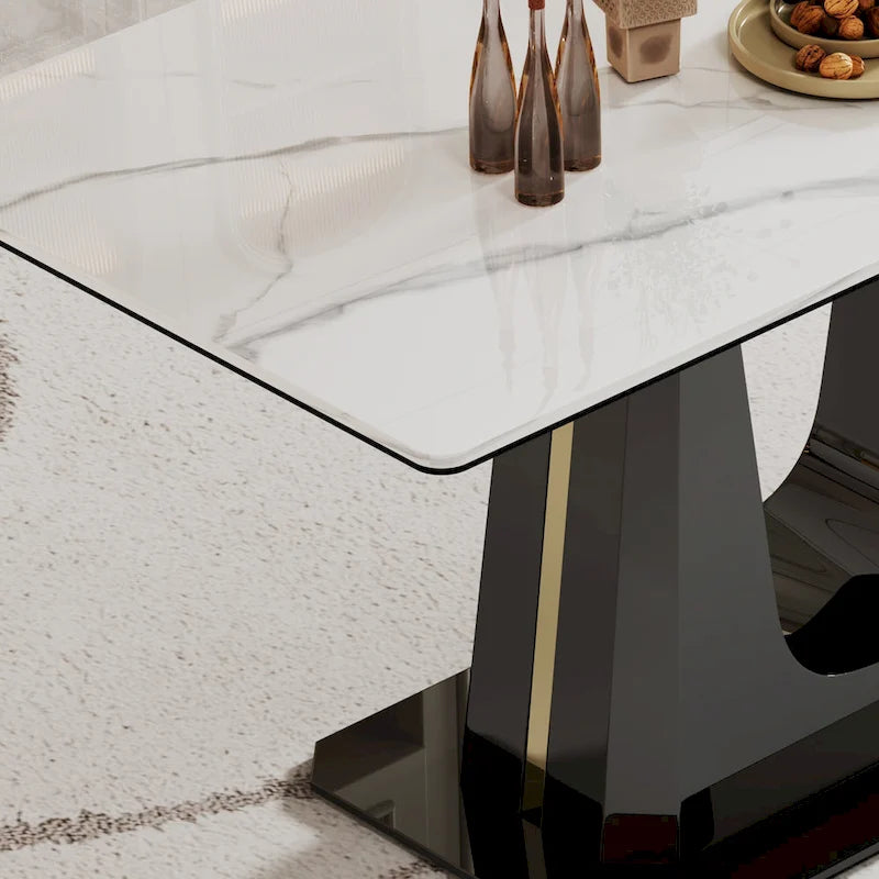 Table à manger en verre trempé et pierre frittée épaisse avec piètement en acier inoxydable