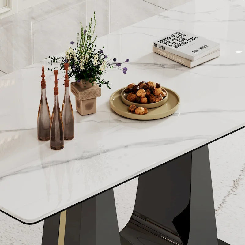 Table à manger en verre trempé et pierre frittée épaisse avec piètement en acier inoxydable