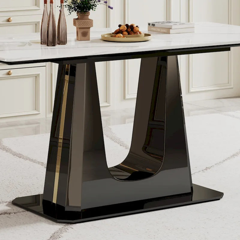 Table à manger en verre trempé et pierre frittée épaisse avec piètement en acier inoxydable