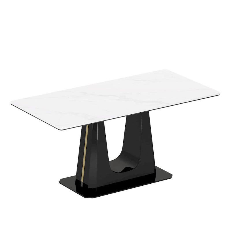 Table à manger en verre trempé et pierre frittée épaisse avec piètement en acier inoxydable