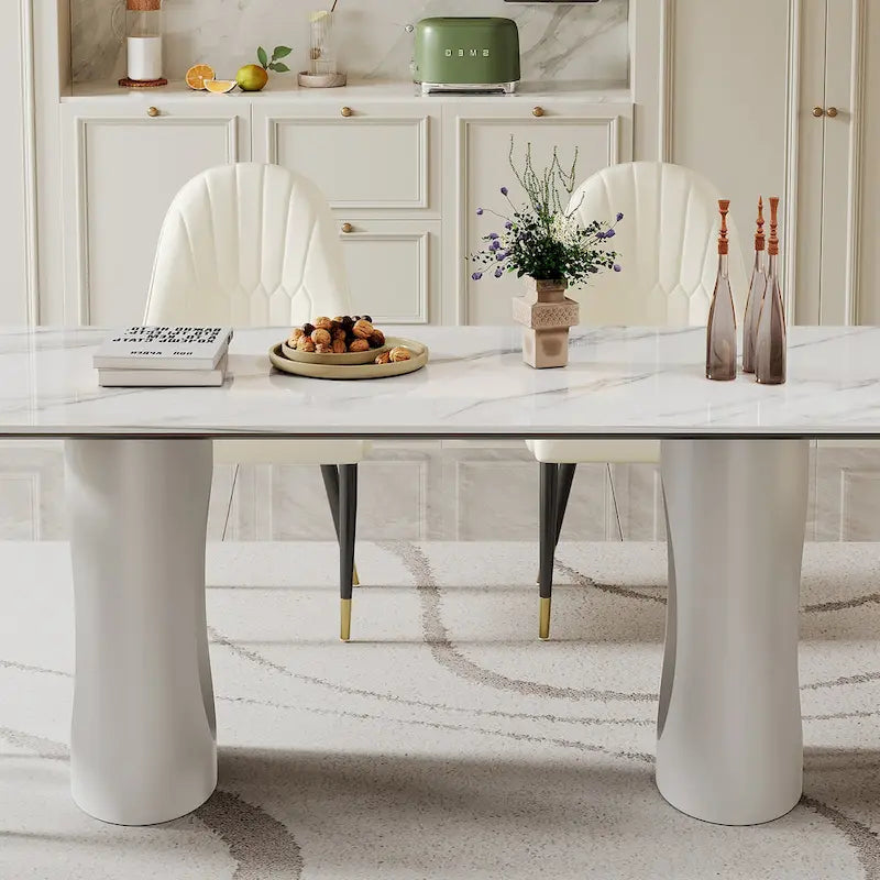 Table à manger en verre trempé et pierre frittée épaisse avec piètement en acier inoxydable