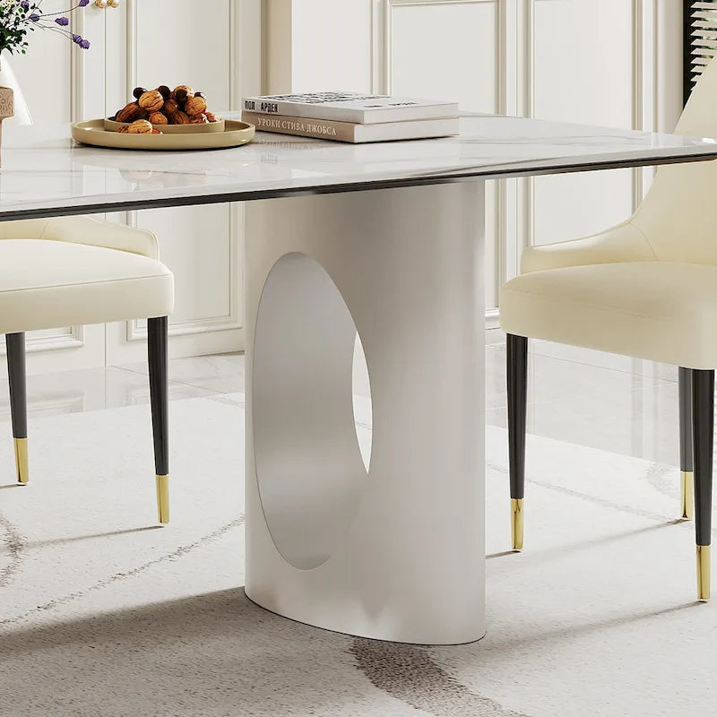 Table à manger en verre trempé et pierre frittée épaisse avec piètement en acier inoxydable