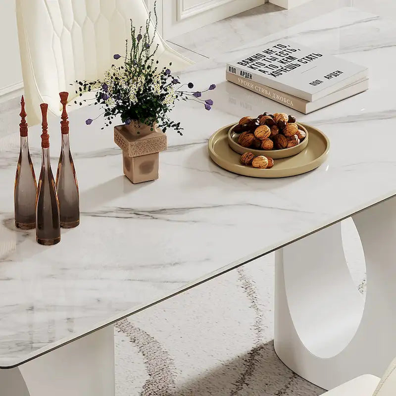Table à manger en verre trempé et pierre frittée épaisse avec piètement en acier inoxydable
