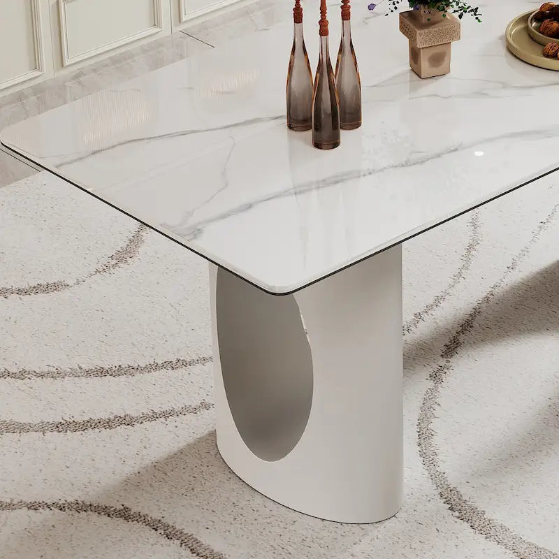 Table à manger en verre trempé et pierre frittée épaisse avec piètement en acier inoxydable
