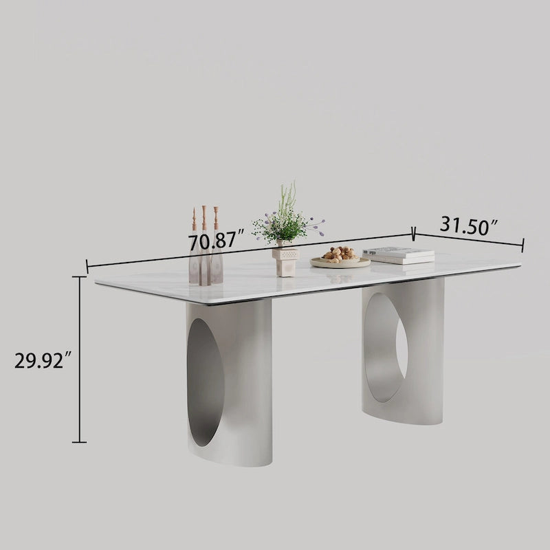 Table à manger en verre trempé et pierre frittée épaisse avec piètement en acier inoxydable