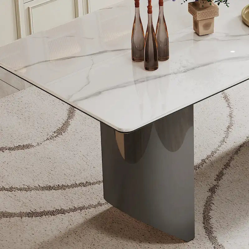 Table à manger en verre trempé et pierre frittée épaisse avec piètement en acier inoxydable