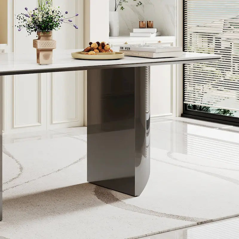 Table à manger en verre trempé et pierre frittée épaisse avec piètement en acier inoxydable