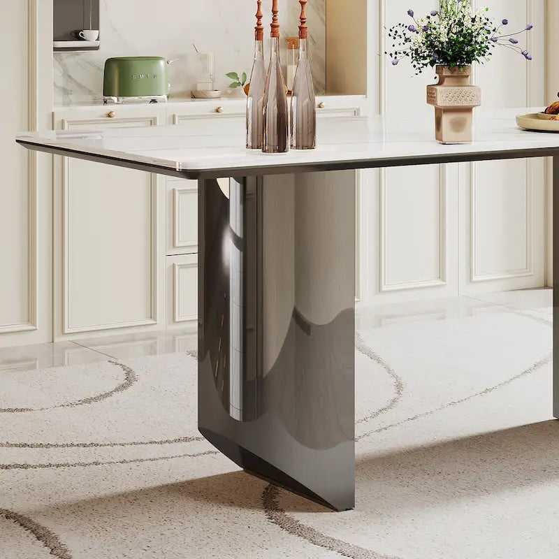 Table à manger en verre trempé et pierre frittée épaisse avec piètement en acier inoxydable