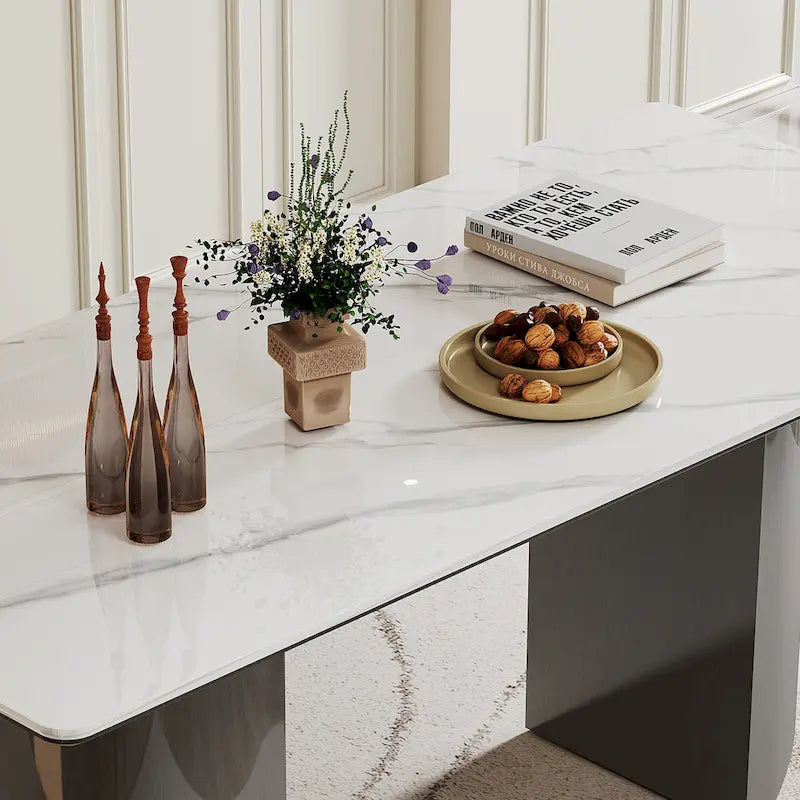 Table à manger en verre trempé et pierre frittée épaisse avec piètement en acier inoxydable