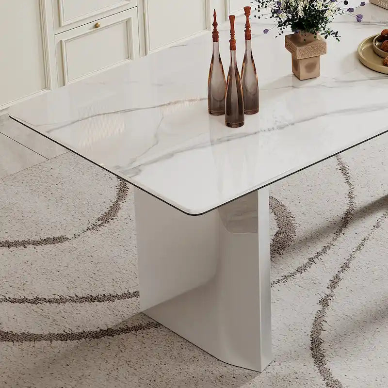 Table à manger en verre trempé et pierre frittée épaisse avec piètement en acier inoxydable