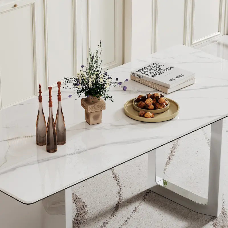 Table à manger en verre trempé et pierre frittée épaisse avec piètement en acier inoxydable