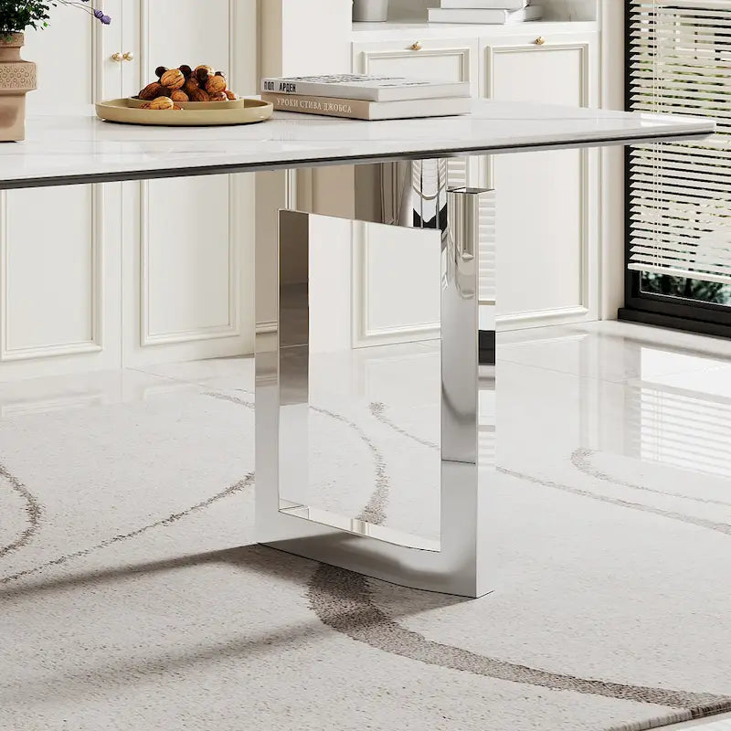 Table à manger en verre trempé et pierre frittée épaisse avec piètement en acier inoxydable