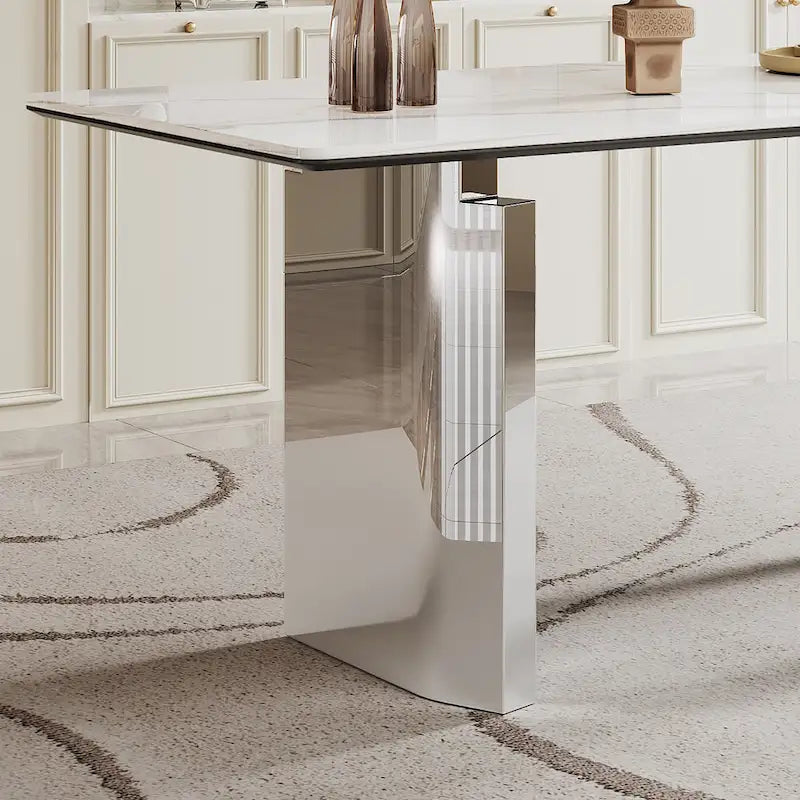 Table à manger en verre trempé et pierre frittée épaisse avec piètement en acier inoxydable