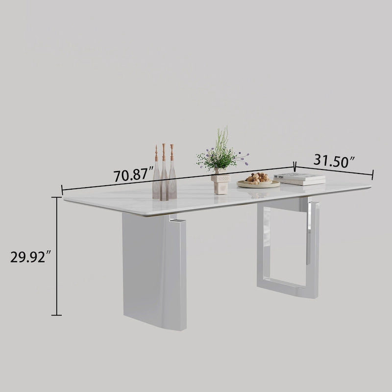 Table à manger en verre trempé et pierre frittée épaisse avec piètement en acier inoxydable