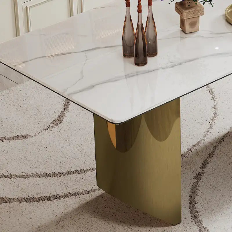 Table à manger en verre trempé et pierre frittée épaisse avec piètement en acier inoxydable
