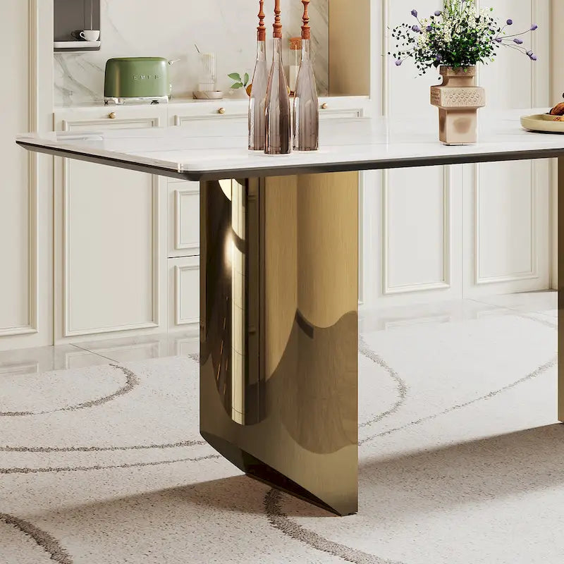 Table à manger en verre trempé et pierre frittée épaisse avec piètement en acier inoxydable