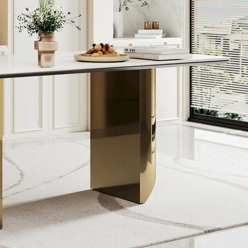 Table à manger en verre trempé et pierre frittée épaisse avec piètement en acier inoxydable