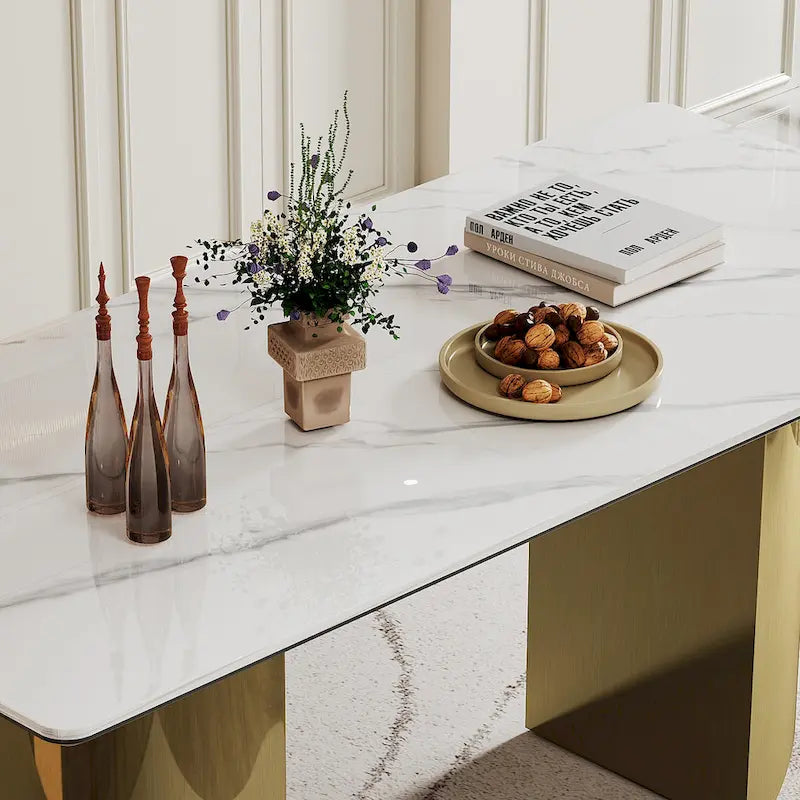 Table à manger en verre trempé et pierre frittée épaisse avec piètement en acier inoxydable