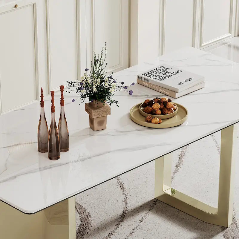Table à manger en verre trempé et pierre frittée épaisse avec piètement en acier inoxydable