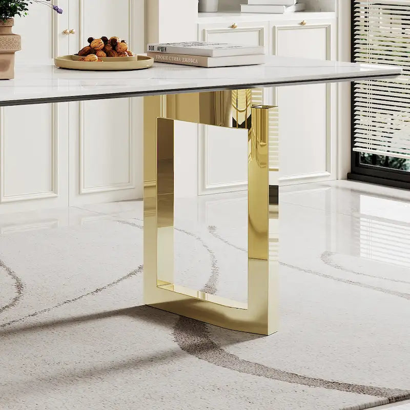 Table à manger en verre trempé et pierre frittée épaisse avec piètement en acier inoxydable