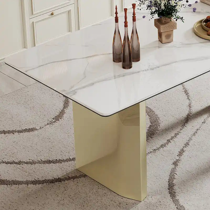 Table à manger en verre trempé et pierre frittée épaisse avec piètement en acier inoxydable