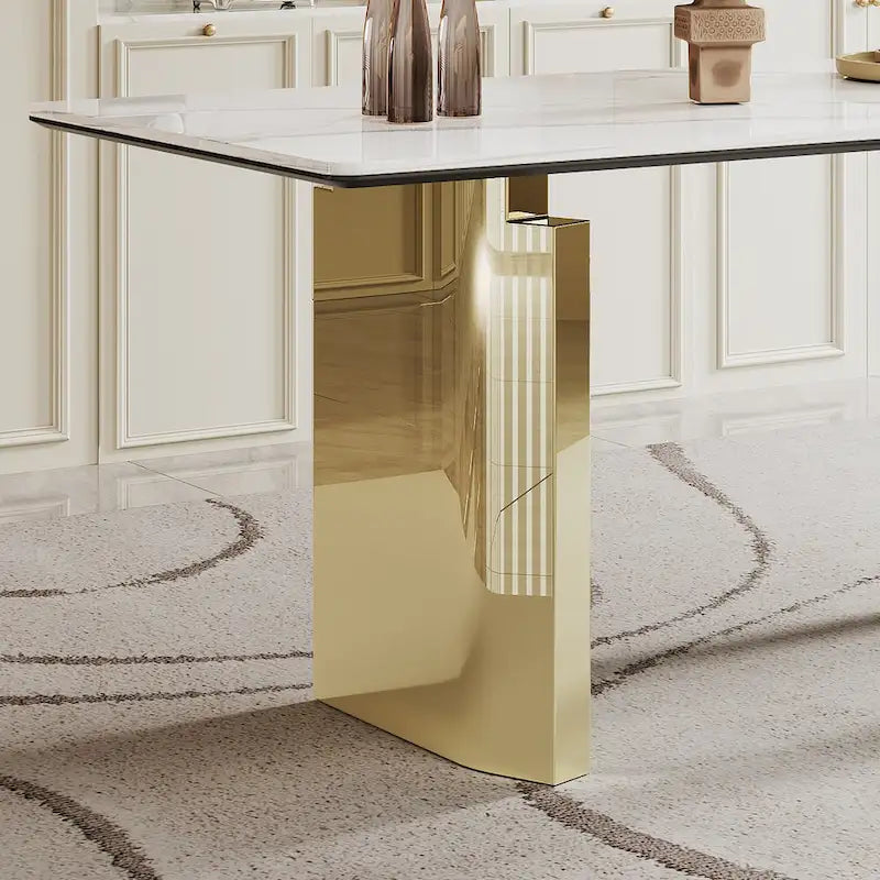 Table à manger en verre trempé et pierre frittée épaisse avec piètement en acier inoxydable