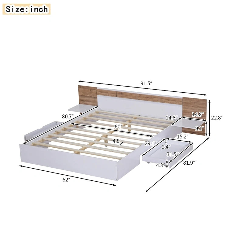 Lit plateforme avec tête de lit et tiroirs de taille queen