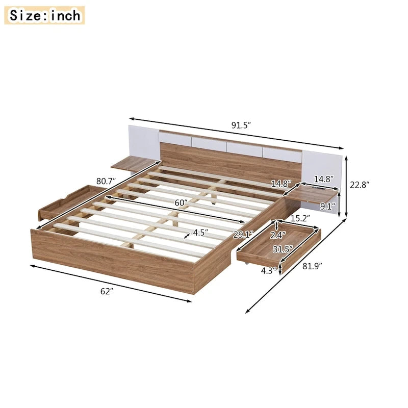Lit plateforme avec tête de lit et tiroirs de taille queen