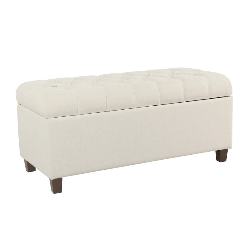 Fabric Upholstered Button Tufted Wooden Bench With Hinged Storage, White and Brown - 18 H x 40 W x 18 L Inches